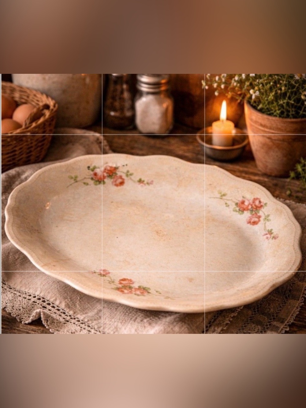Vintage Floral Scalloped Ceramic transfer ware- Cream with Pink Roses